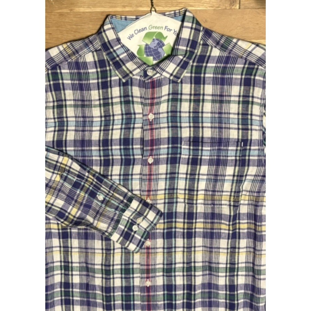 Tommy Bahama Shirt Mens Size L Plaid‎ Linen Long Sleeve Button Up Pocket Purple